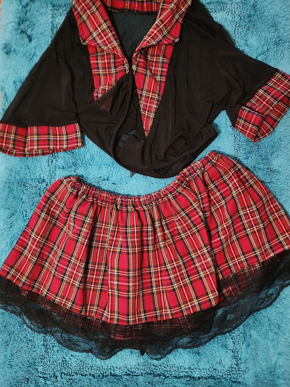 Red Plaid Two-Piece Top and Skirt Set
